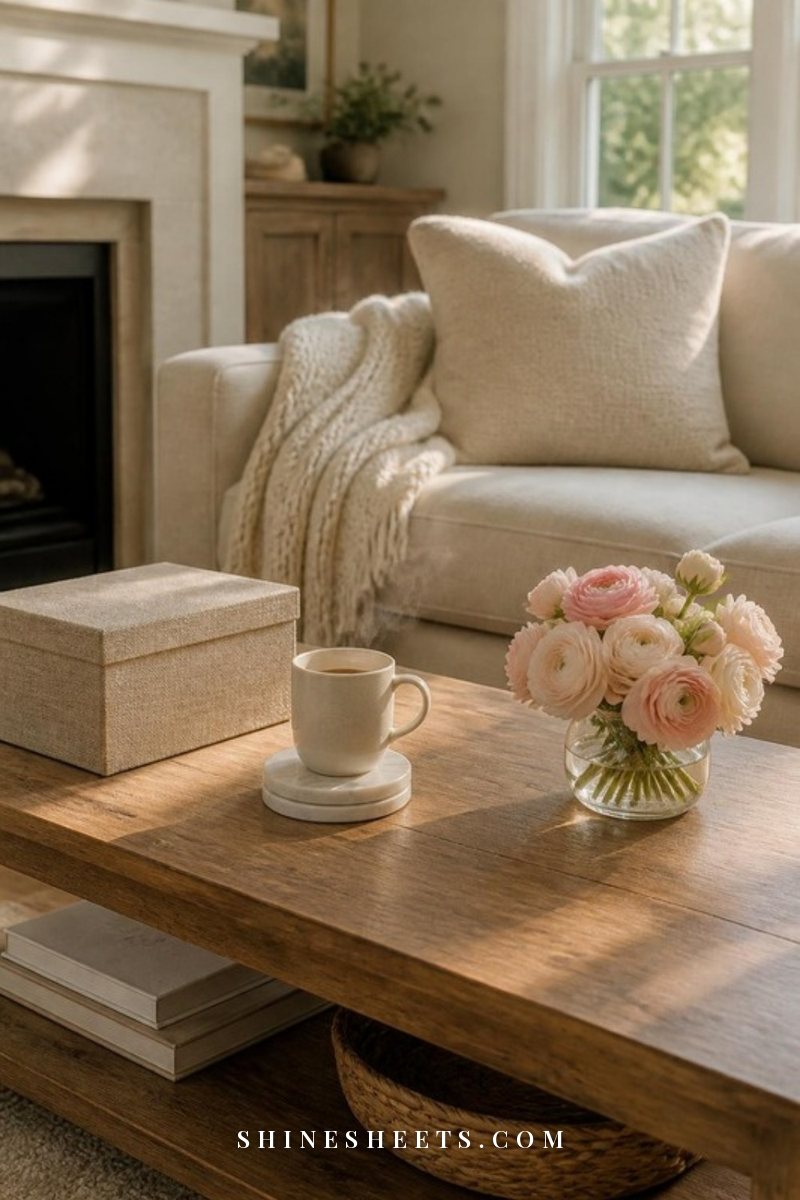 Lived-in coffee table with a beige lidded box, white marble coasters, a mug of tea, a folded blanket nearby and a clear open area for a laptop