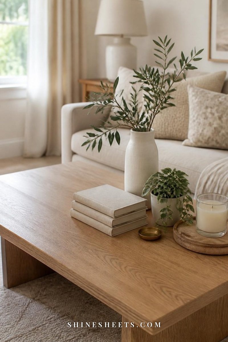 Round wooden tray with a cream ceramic vase of olive branches, stacked neutral books, a glass jar candle and a small brass dish on a light oak coffee table