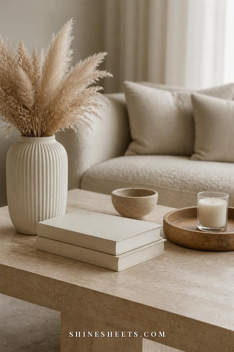 Soft neutral coffee table with a travertine tray, cream books, a ribbed ivory vase of dried pampas and a beige stone bowl