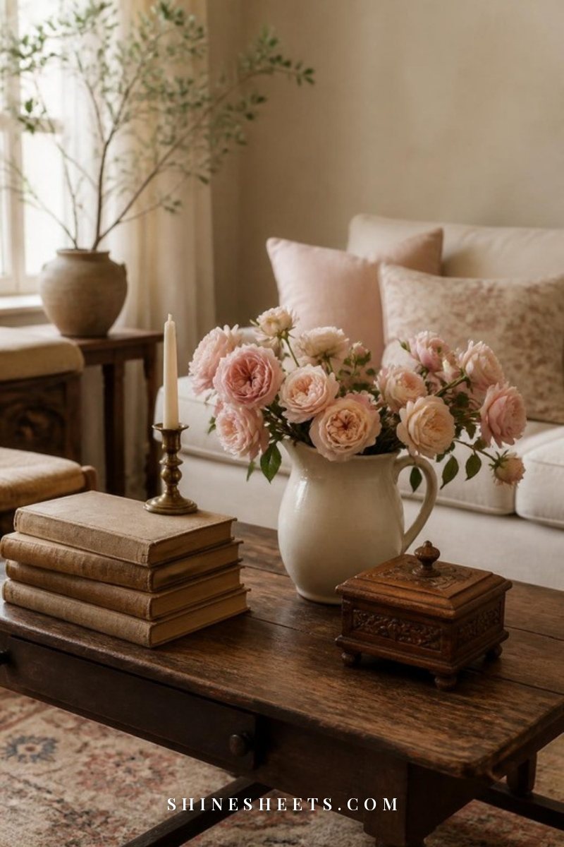 Vintage-style coffee table with worn linen books, a brass candlestick, a small ceramic pitcher of garden roses and an old wooden box
