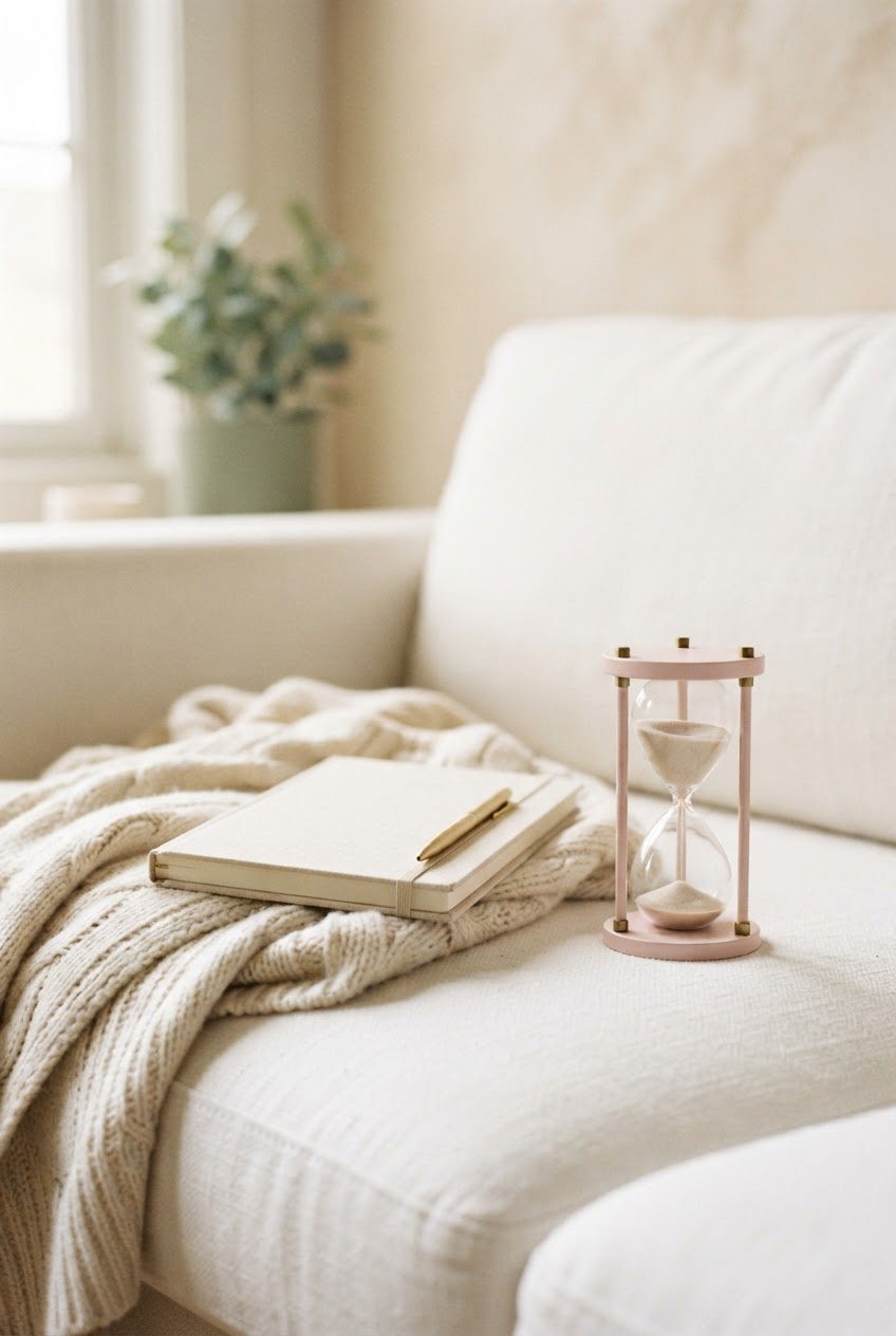 Pastel pink sand timer, a cream linen notebook with a pen and a folded knit throw on a white sofa in soft daylight