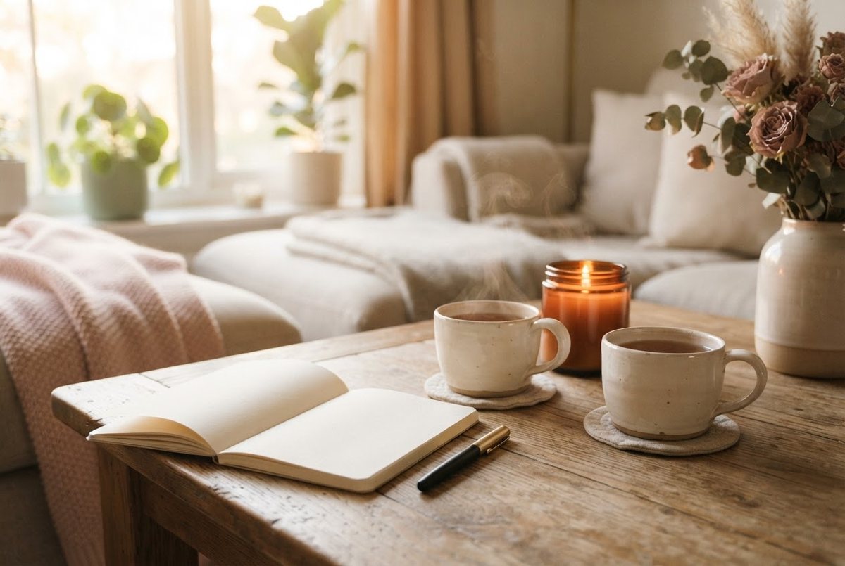 Two cream mugs of tea, an open blank notebook and a lit glass candle on a wooden coffee table in soft evening light