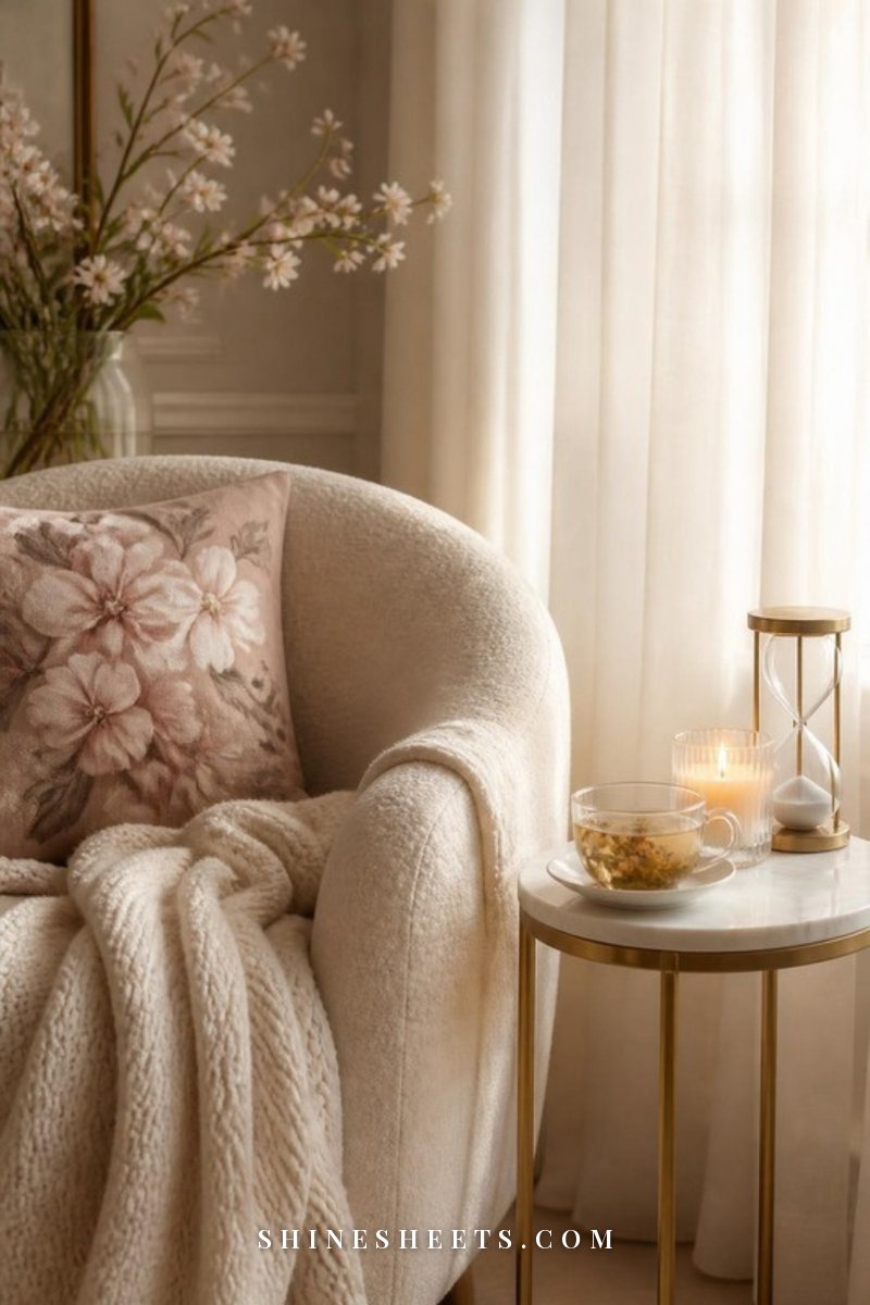 Armchair with a cream knit throw, a cup of tea and a lit glass candle on a side table in a calm, softly lit corner