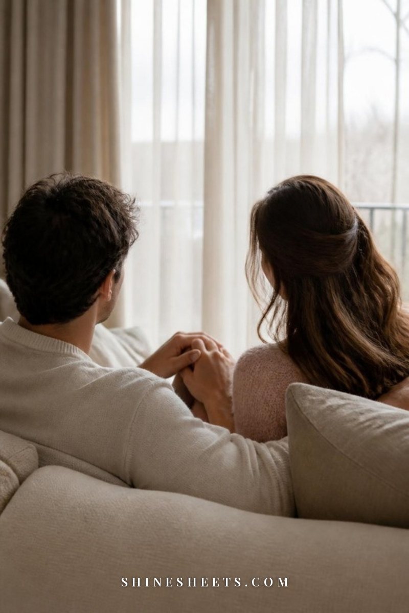 Couple seen from behind sitting close together on a cream sofa, one hand resting on the other, faces not visible, soft window light