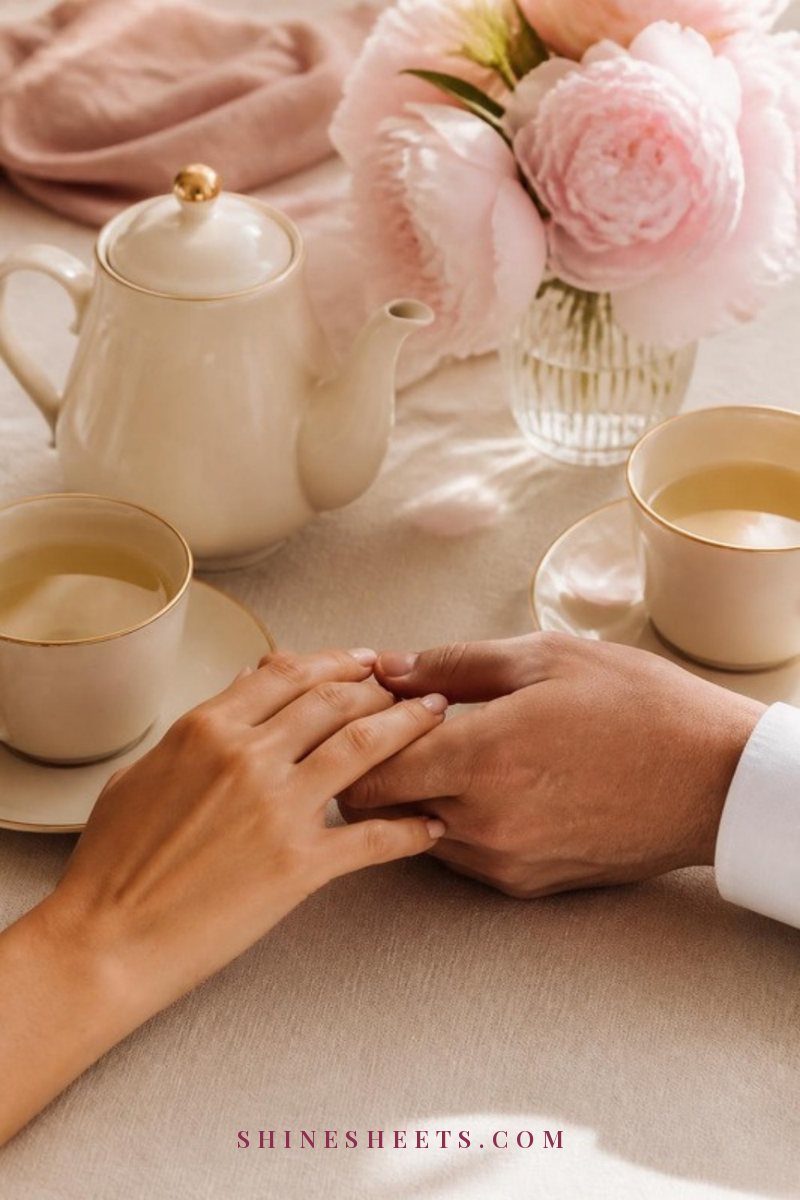 Cream ceramic tea set for two on a linen tablecloth with two hands gently touching between the cups in soft morning light