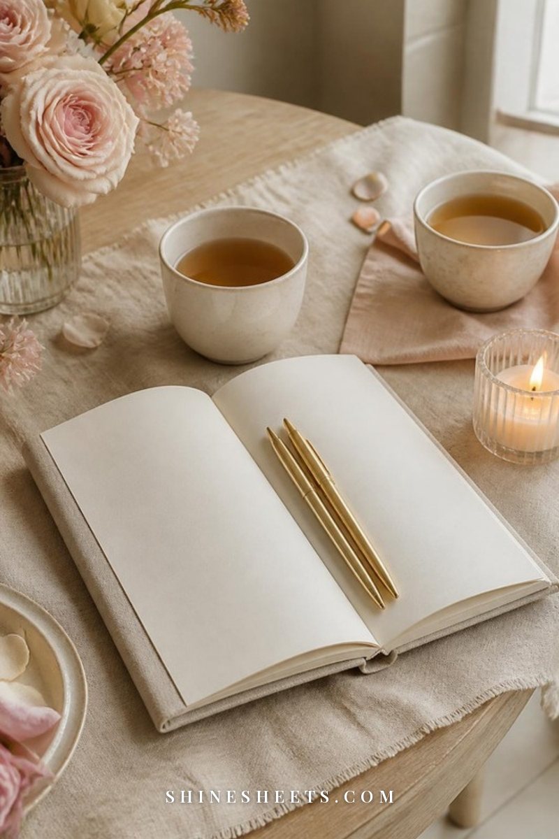 Cream linen notebook open on a blank page with two gold pens and two cups of tea on a wooden table in soft afternoon light