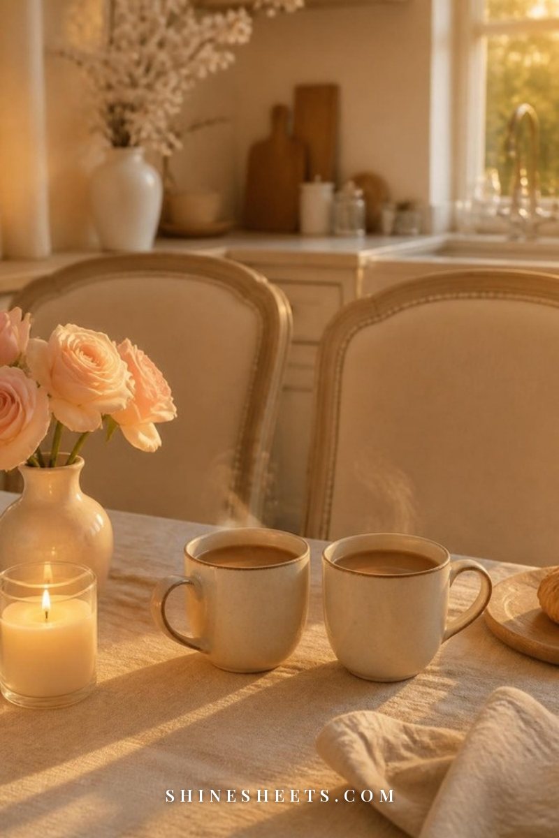 Two cream ceramic mugs of tea side by side on a linen-covered kitchen table with a glass candle in warm evening light