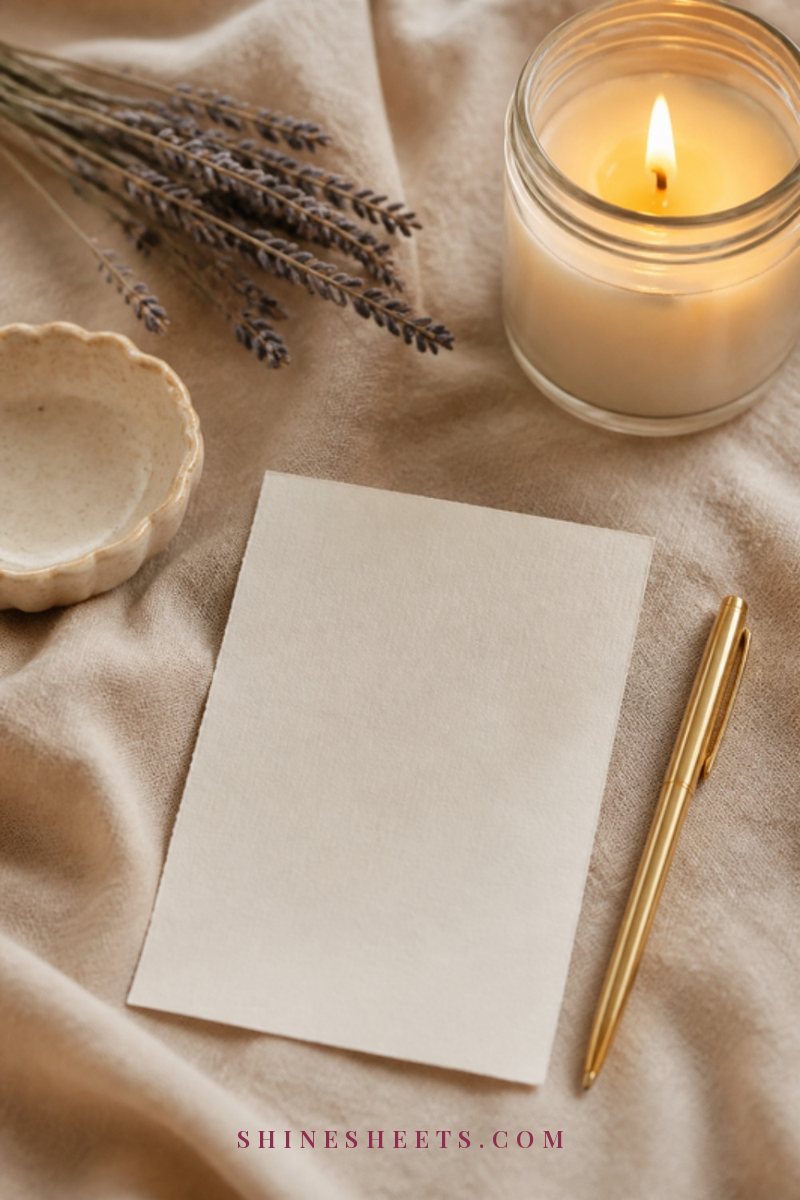 Blank cream card and a gold pen on a soft linen surface next to a lit glass candle and a sprig of dried lavender
