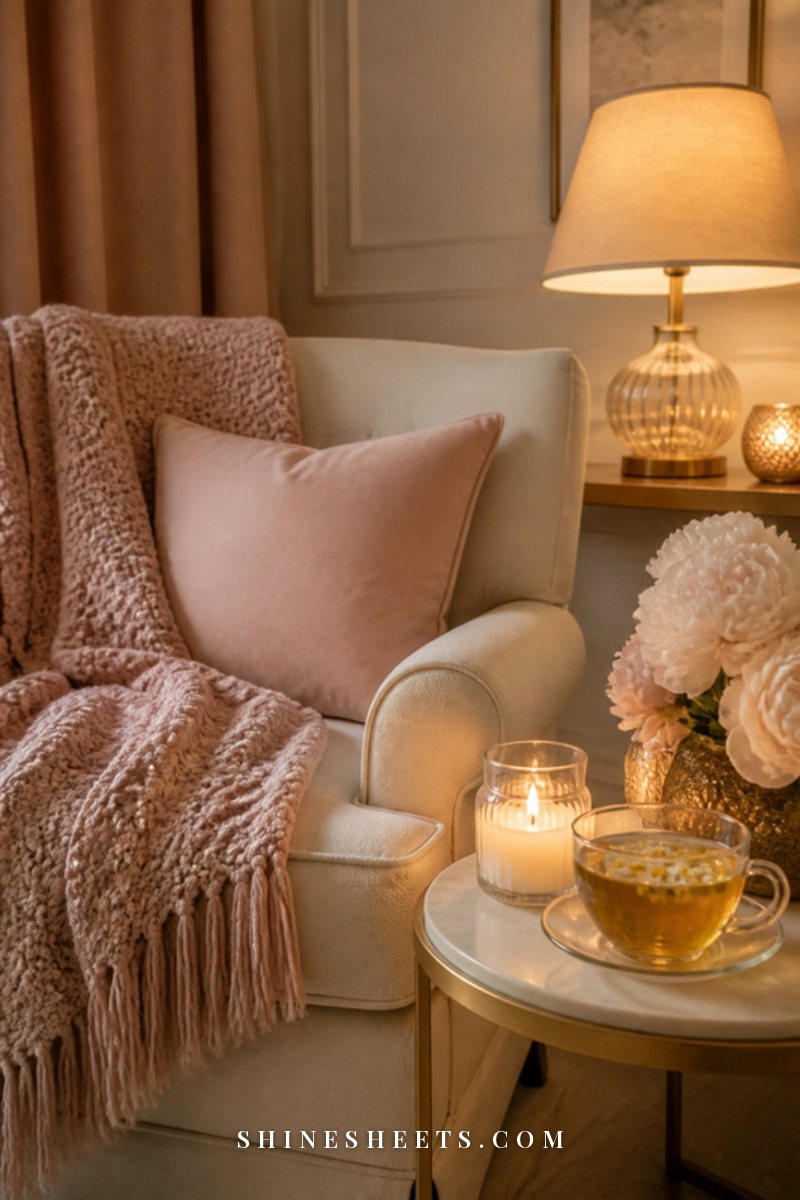 Cozy armchair with a soft blush throw, a lit candle in a clear glass jar and a cup of tea on a side table in warm evening light