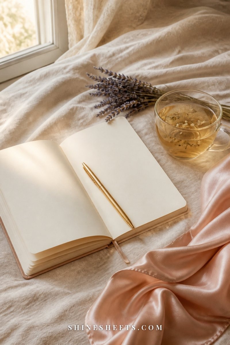 Open journal with blank pages and a gold pen on a cream linen bedspread beside a cup of chamomile tea in soft morning light