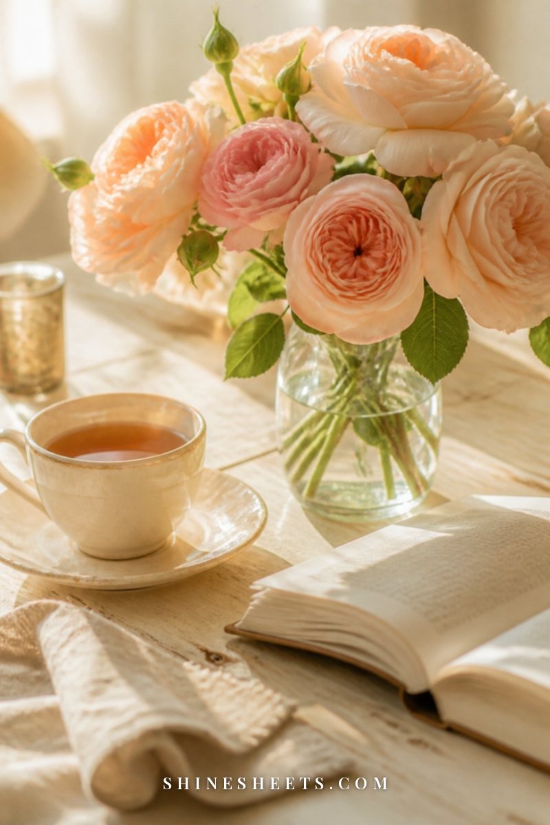 Small bouquet of blush roses in a glass vase beside a cup of tea and an open book on a sunlit cream table