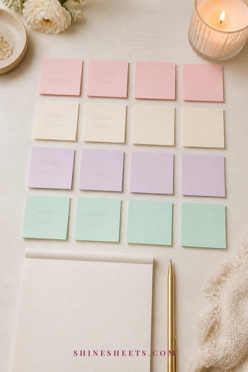 Pastel sticky notes arranged in rows on a cream desk beside a gold pen and an open planner