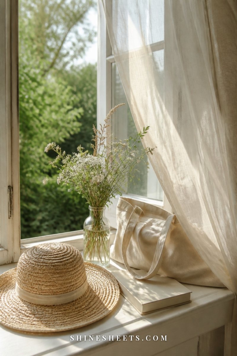 Woven sun hat, a linen tote and a cream journal on a sunny windowsill with an open window