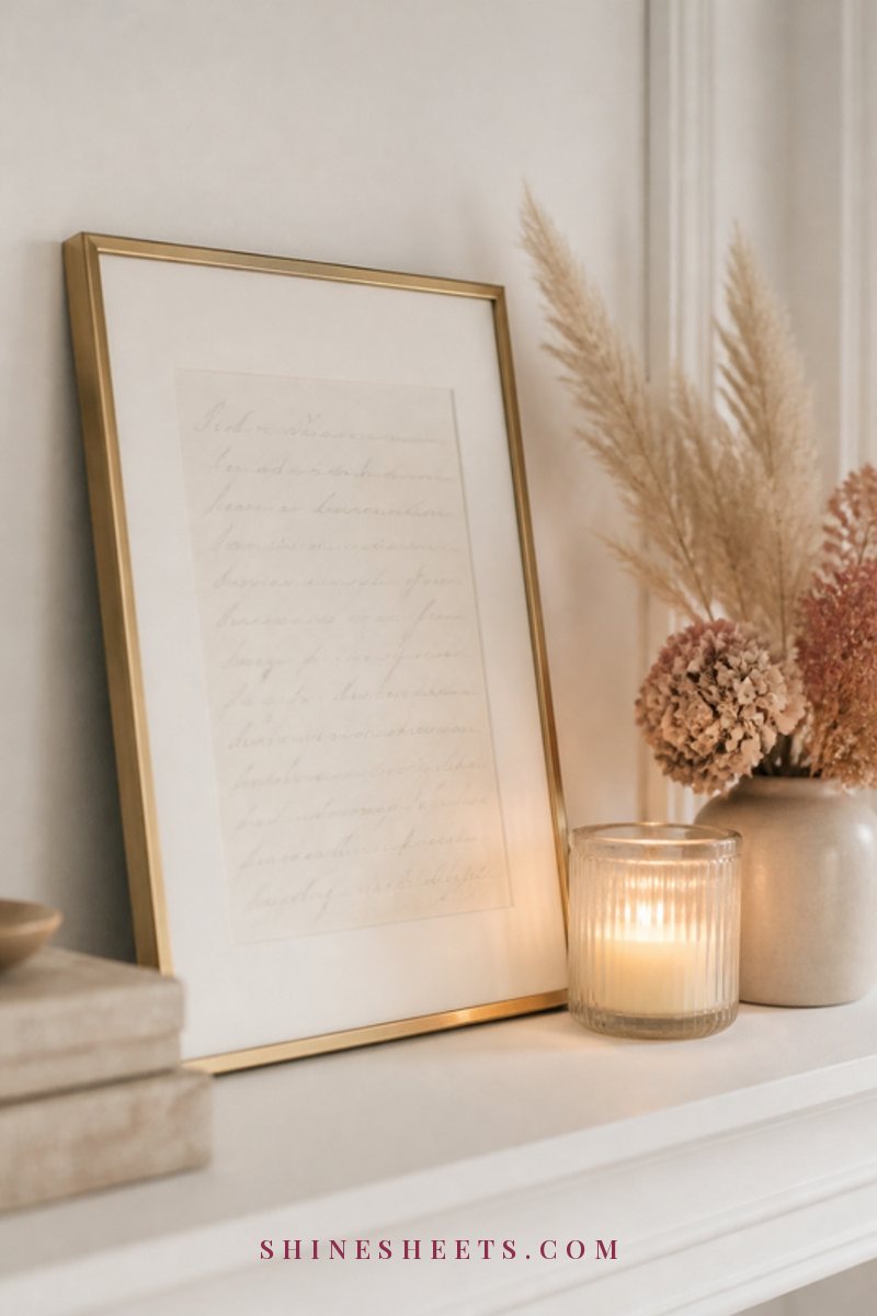 A framed handwritten list on blank cream paper leaning on a shelf next to a glass candle and dried flowers