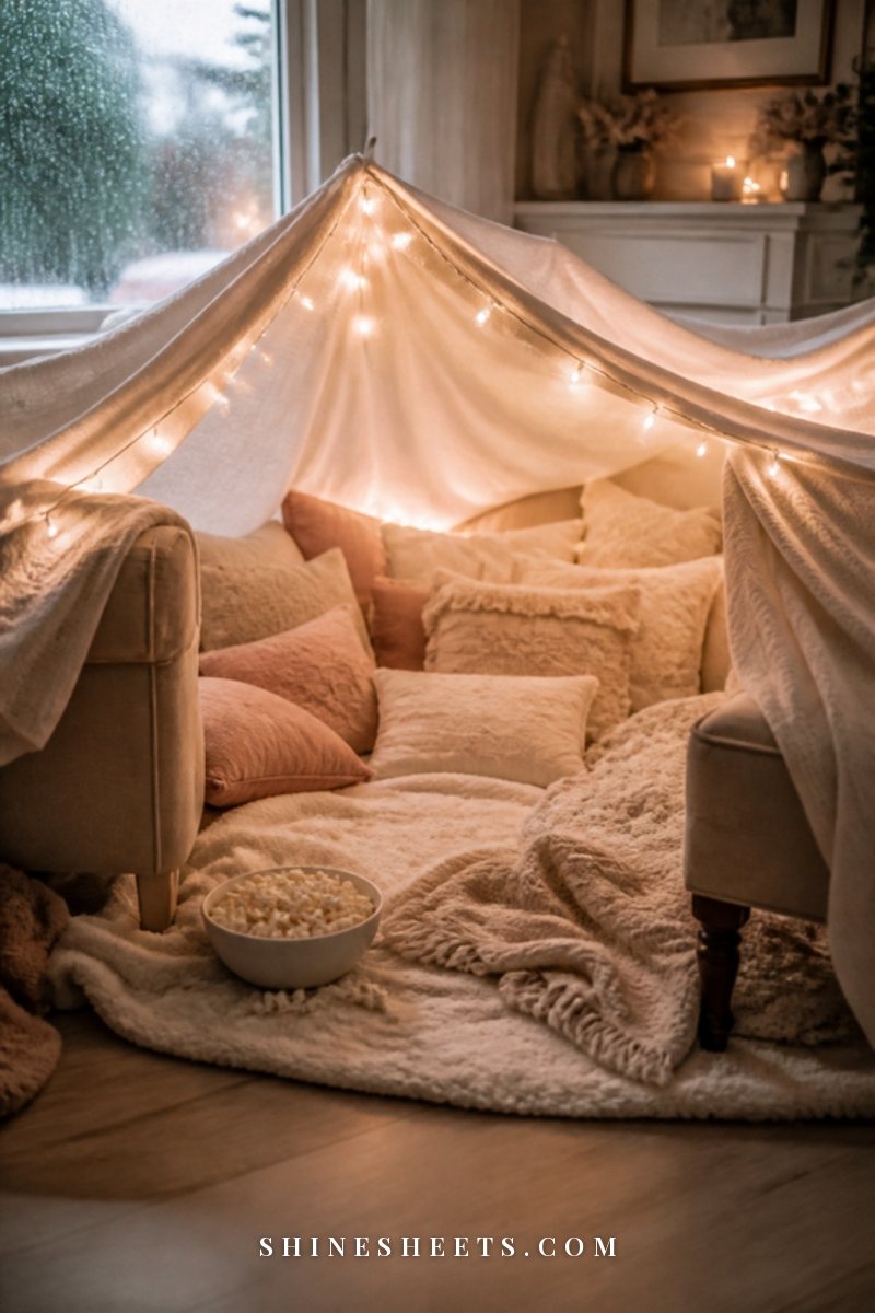 A living room floor set up with cushions, a soft blanket, glass candles and two mugs for a night in