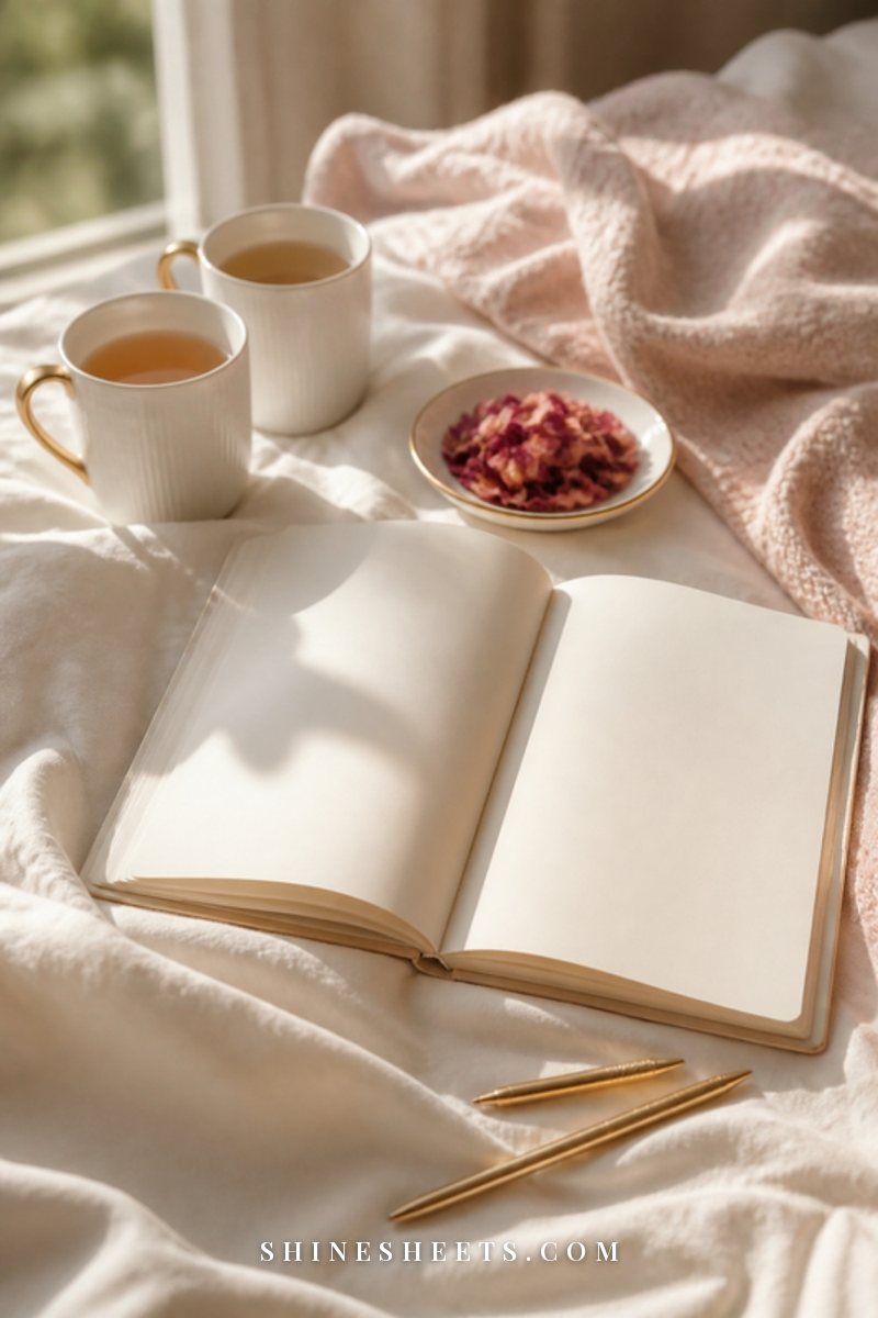An open journal with blank pages, two cups of tea and a small vase of blush roses on a linen tablecloth