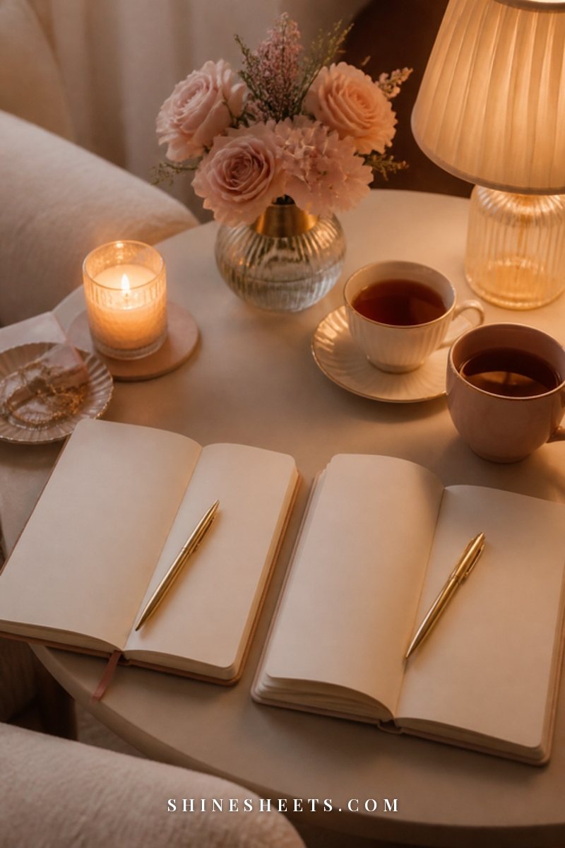 Two open notebooks with blank pages side by side, a gold pen and a glass candle on a cream table