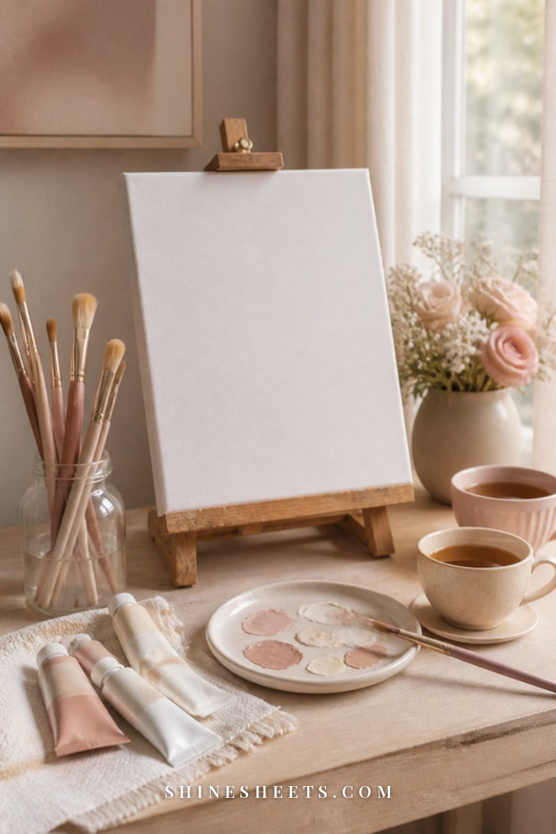 A wooden table with paintbrushes, a blank canvas, soft pastel paints and two cups of tea in daylight