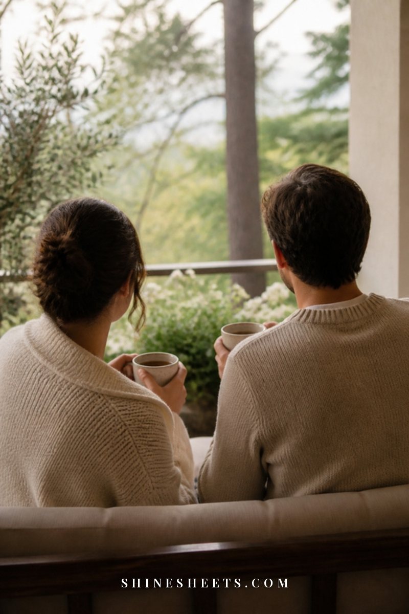 Couple seen from behind sitting on a balcony with two cups of tea in soft morning light