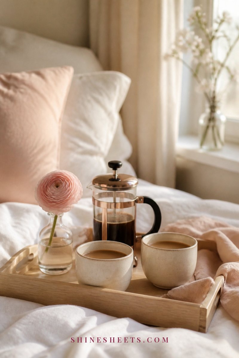 Glass French press and two ceramic cups on a wooden breakfast tray on a white bed