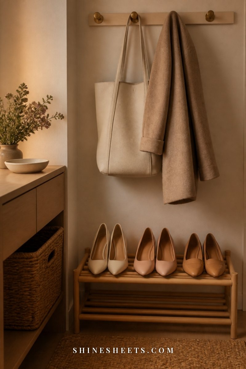 Neat entryway with two bags, keys in a ceramic dish and a vase of flowers ready for the day