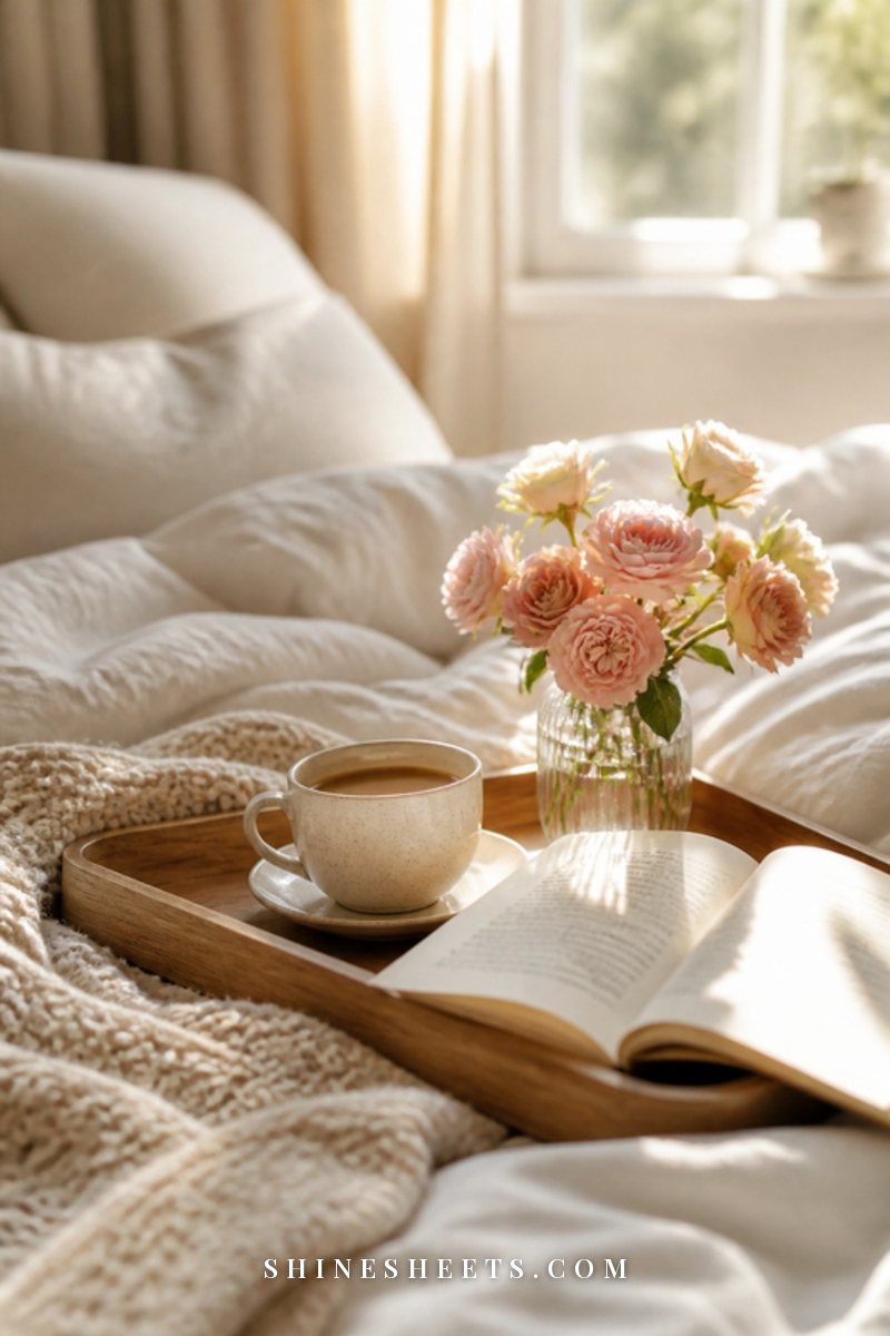 Two cream mugs of coffee on a sunlit bedside table beside rumpled white linen sheets