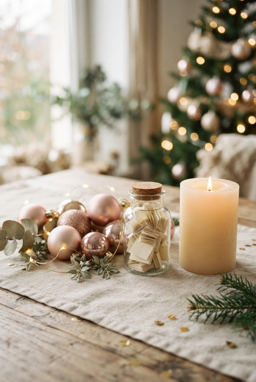 Blush and gold ornaments, a jar of folded paper notes and a cream candle on a linen table runner