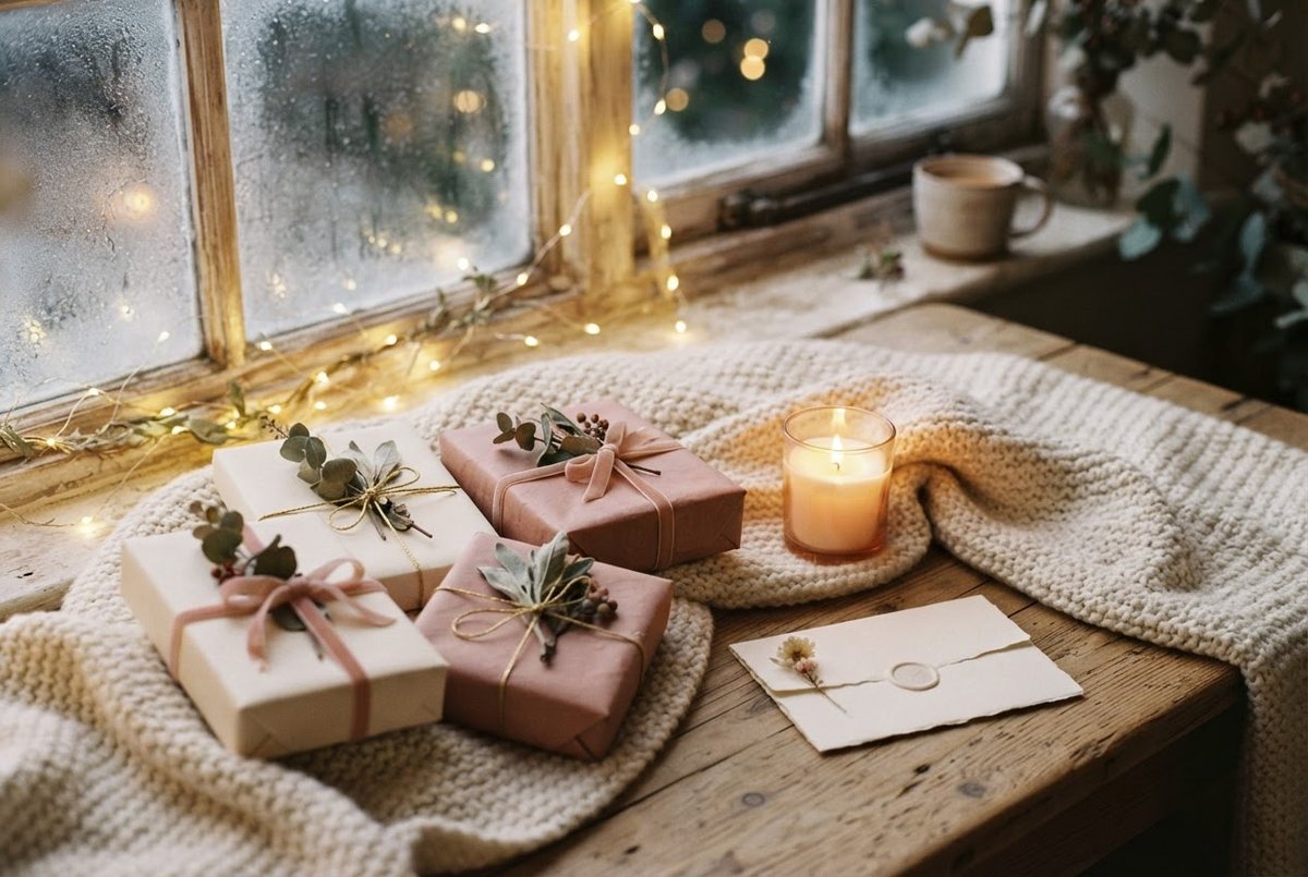 Cream knit blanket, glass candle, wrapped gifts and a blank card on a wooden table by a window with fairy lights