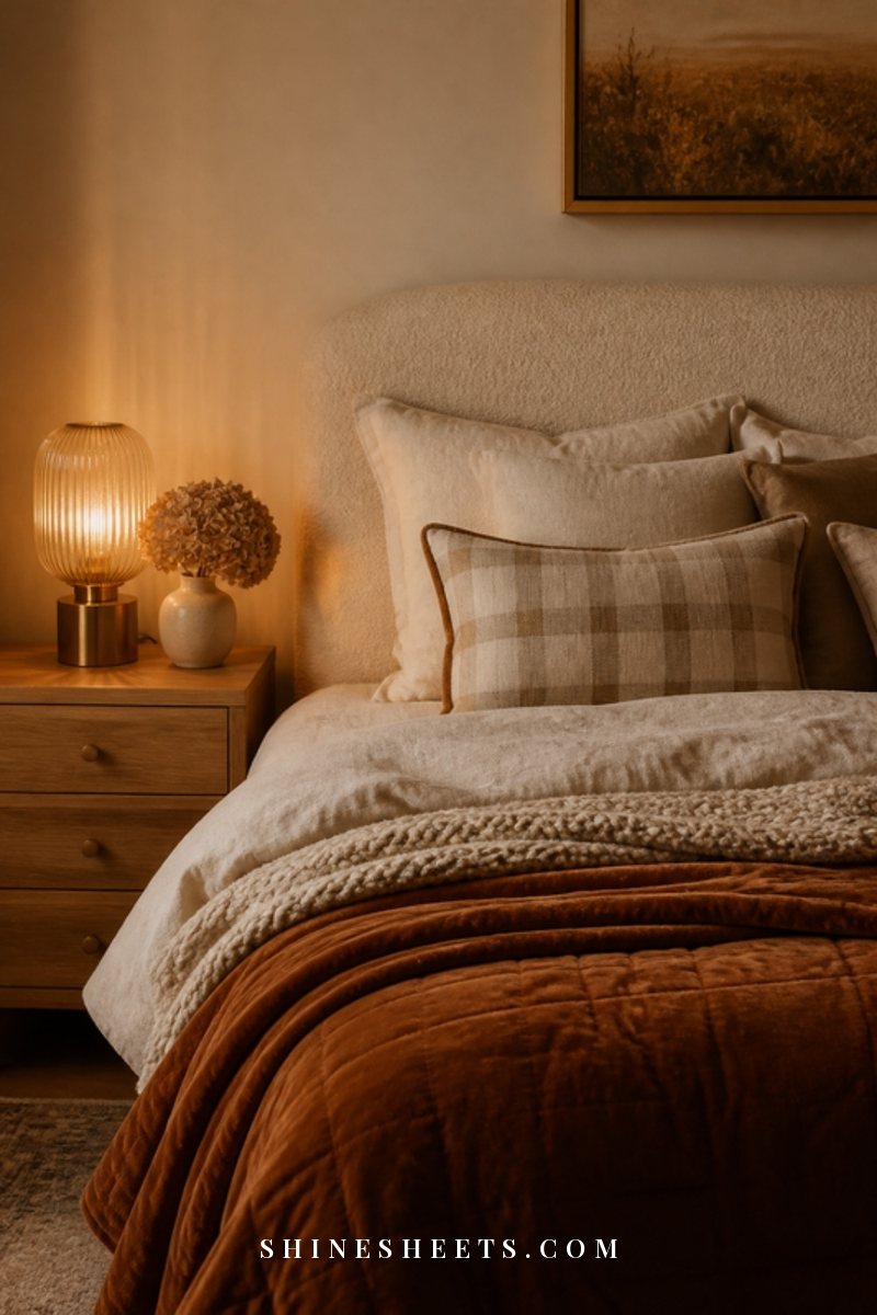 Bed layered with ivory linen, a rust velvet quilt, plaid cushion and a chunky knit blanket in warm lamplight