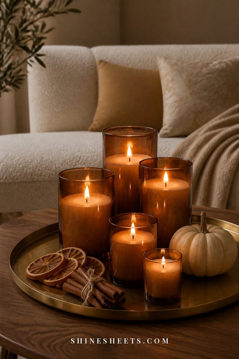 Cluster of lit candles in amber glass holders on a brass tray with dried orange slices and cinnamon sticks