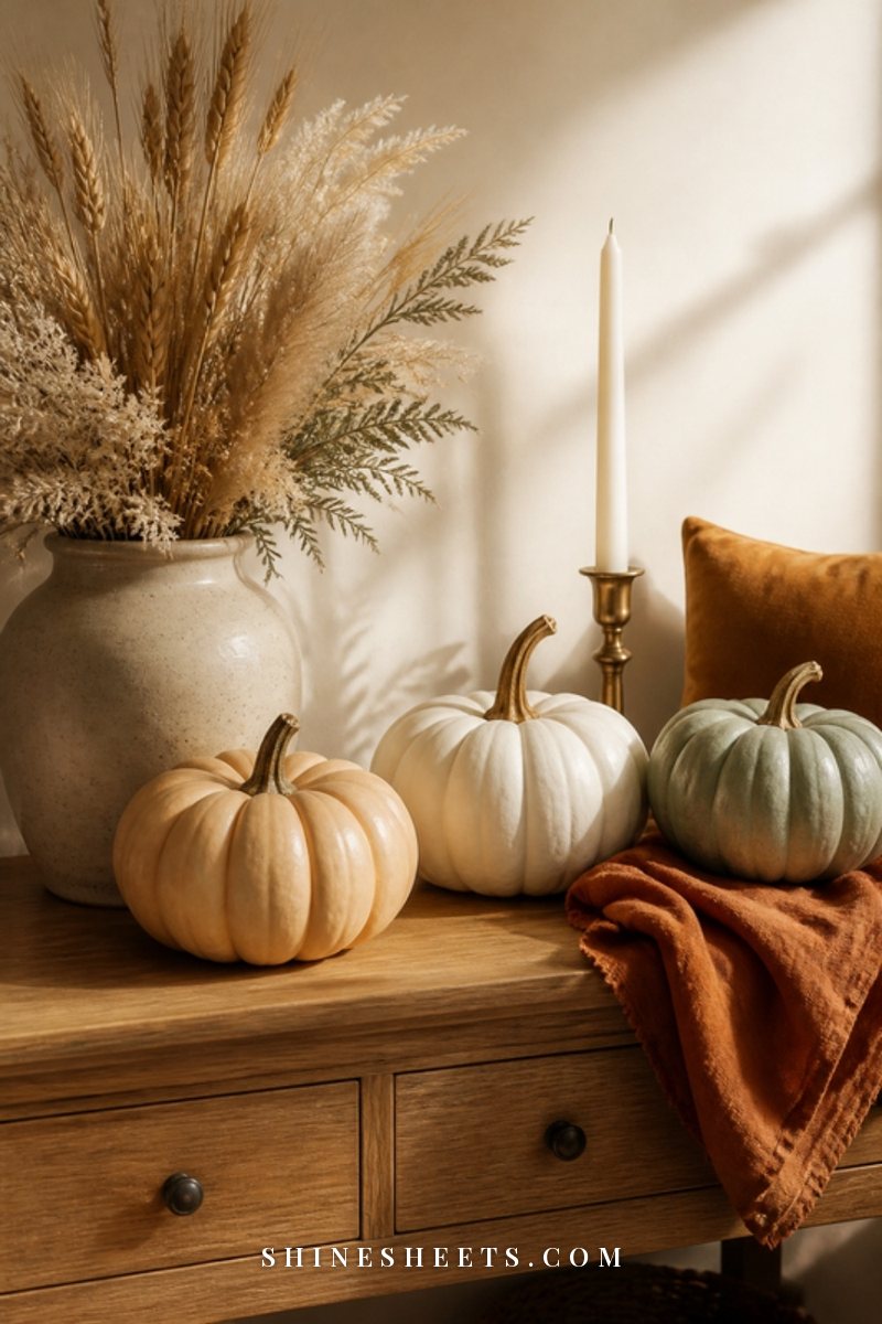 Cream and white pumpkins with rust linen, ochre velvet and dried wheat on a light oak console