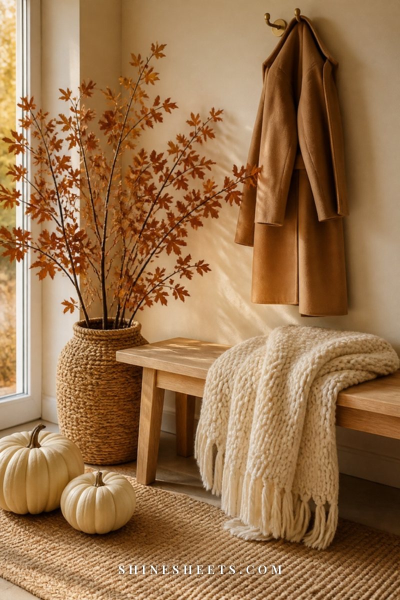 Entry bench with a chunky knit throw, a basket of dried branches and cream pumpkins on the floor