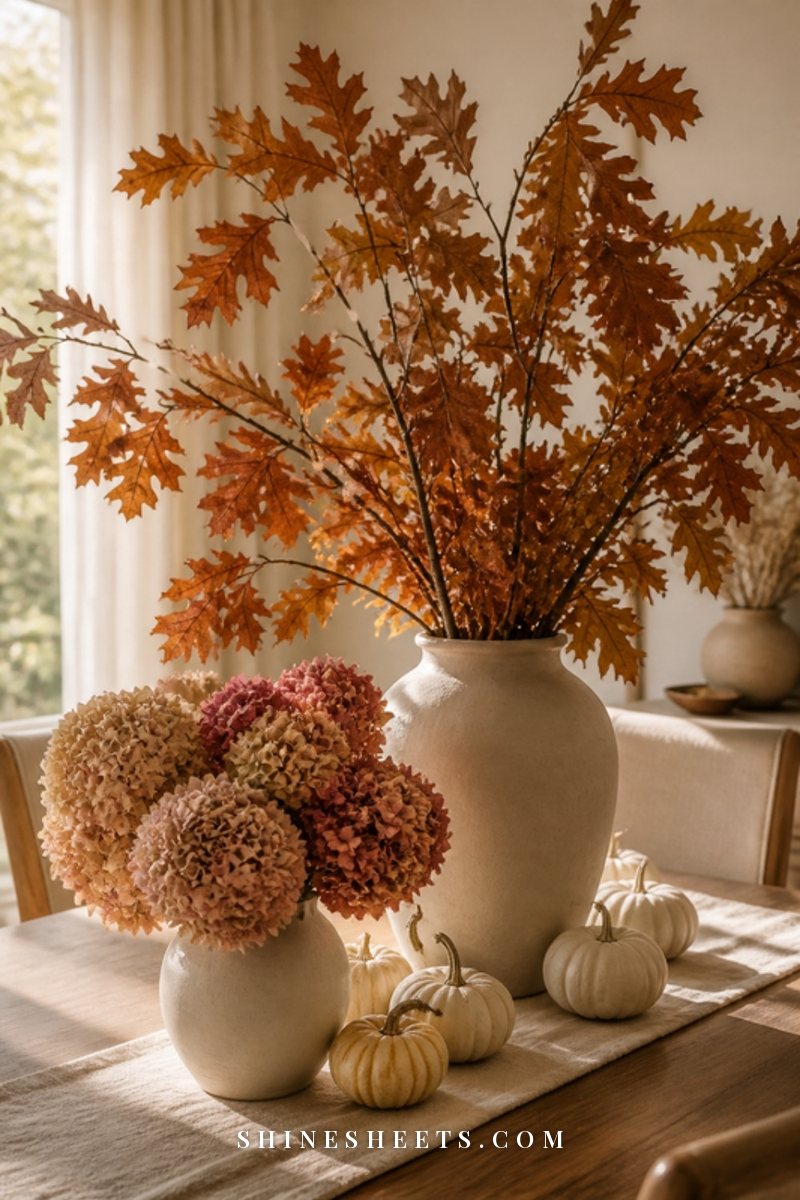 Large ceramic vase of autumn oak branches with dried hydrangeas and white pumpkins on a dining table