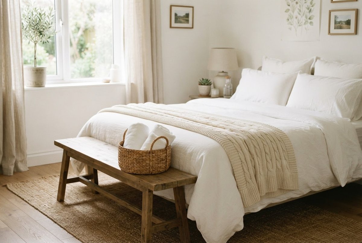 Neatly made guest bed with white linen bedding, a folded cream knit throw and a small woven basket of rolled towels on a bench