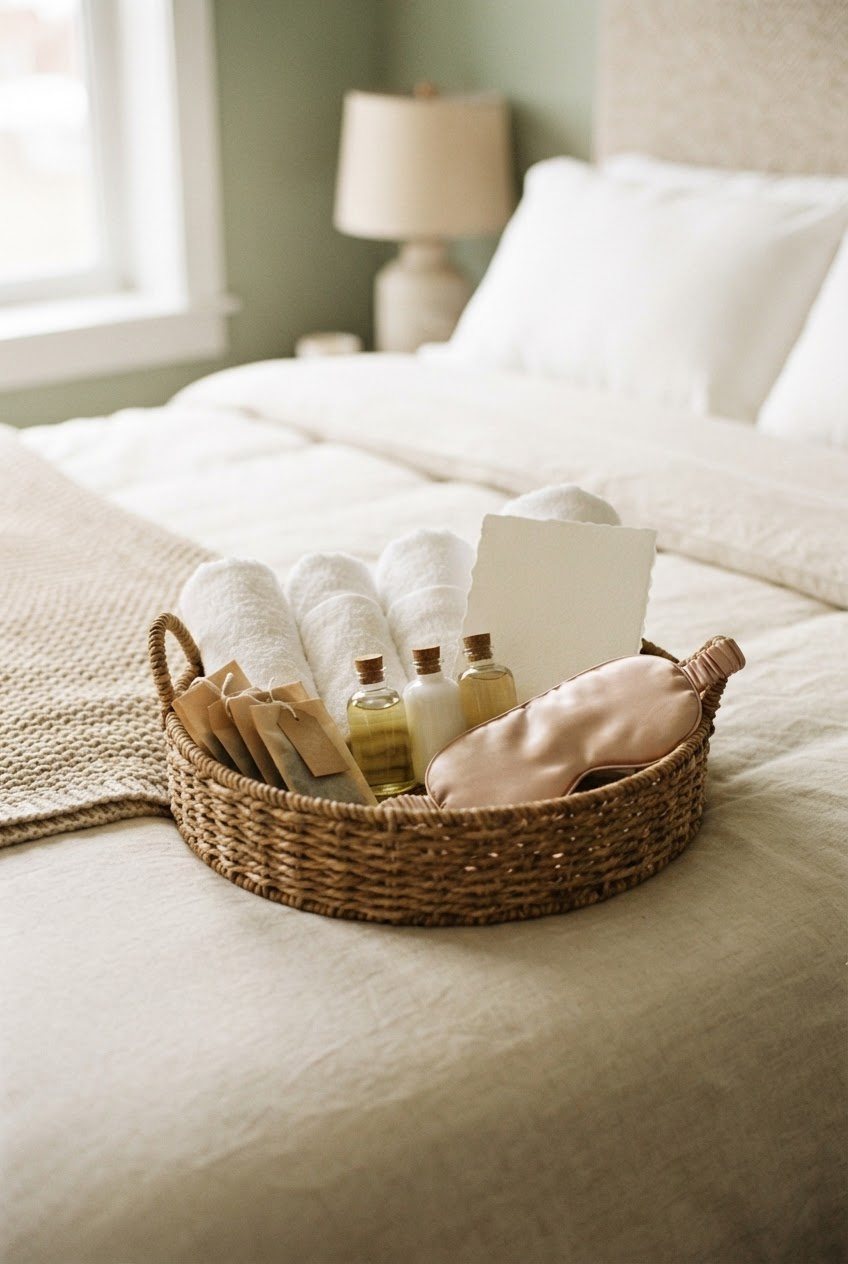 Small woven basket with rolled white towels, travel toiletries, tea bags, a sleep mask and a blank welcome card on a made bed