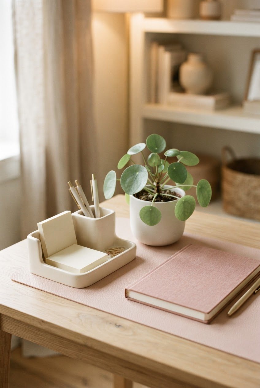 Tidy cream desk organizer, a blush desk mat, a white ceramic plant pot with a small plant and a closed notebook on a light wood desk