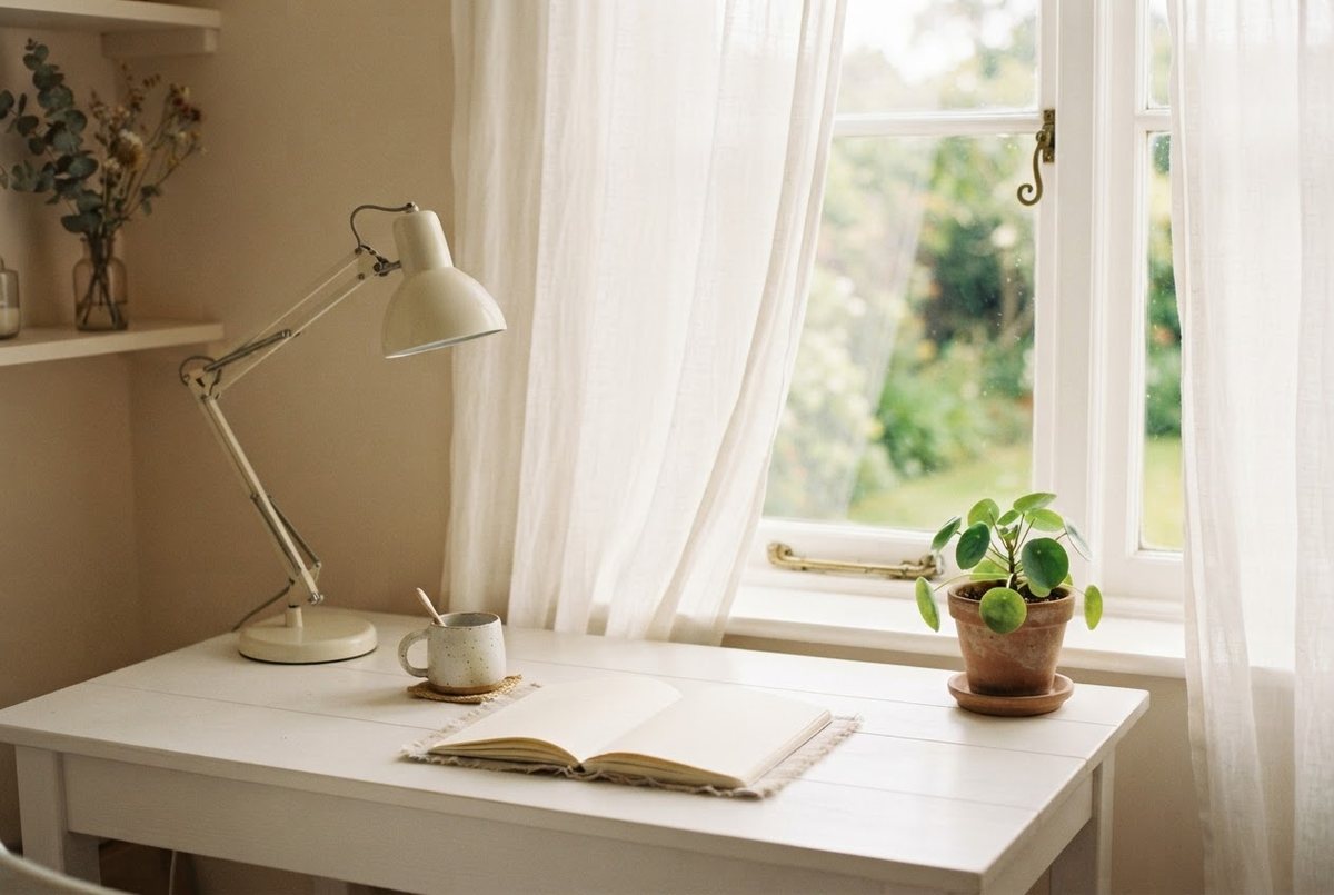 White desk by a window with a cream desk lamp, a small potted plant, a blank notebook and a ceramic mug in soft daylight