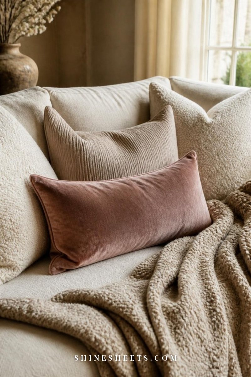 Cream sofa layered with boucle pillows, a ribbed linen pillow, a blush velvet lumbar pillow and a beige chunky knit throw