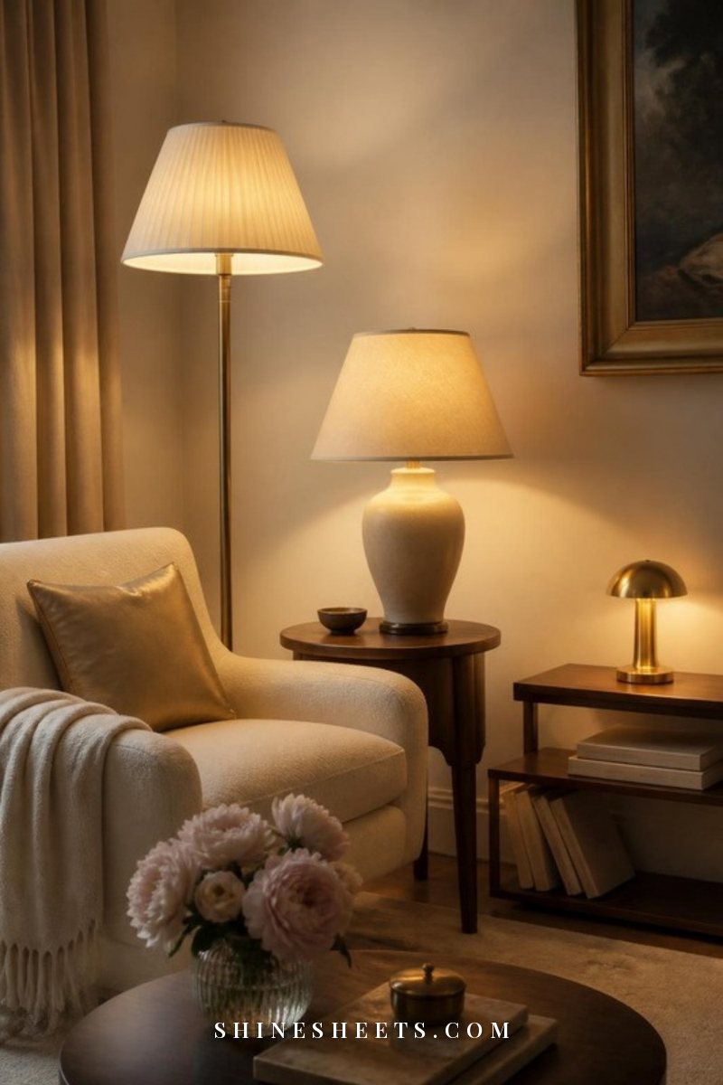 Living room corner with a linen floor lamp, a cream ceramic table lamp on a side table and a small brass lamp on a shelf, all softly lit