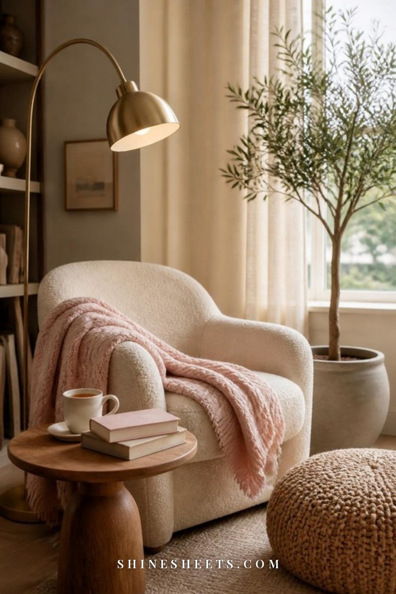 Reading corner with a cream armchair, a blush throw, a small round side table holding a cup of tea and books, and a brass floor lamp