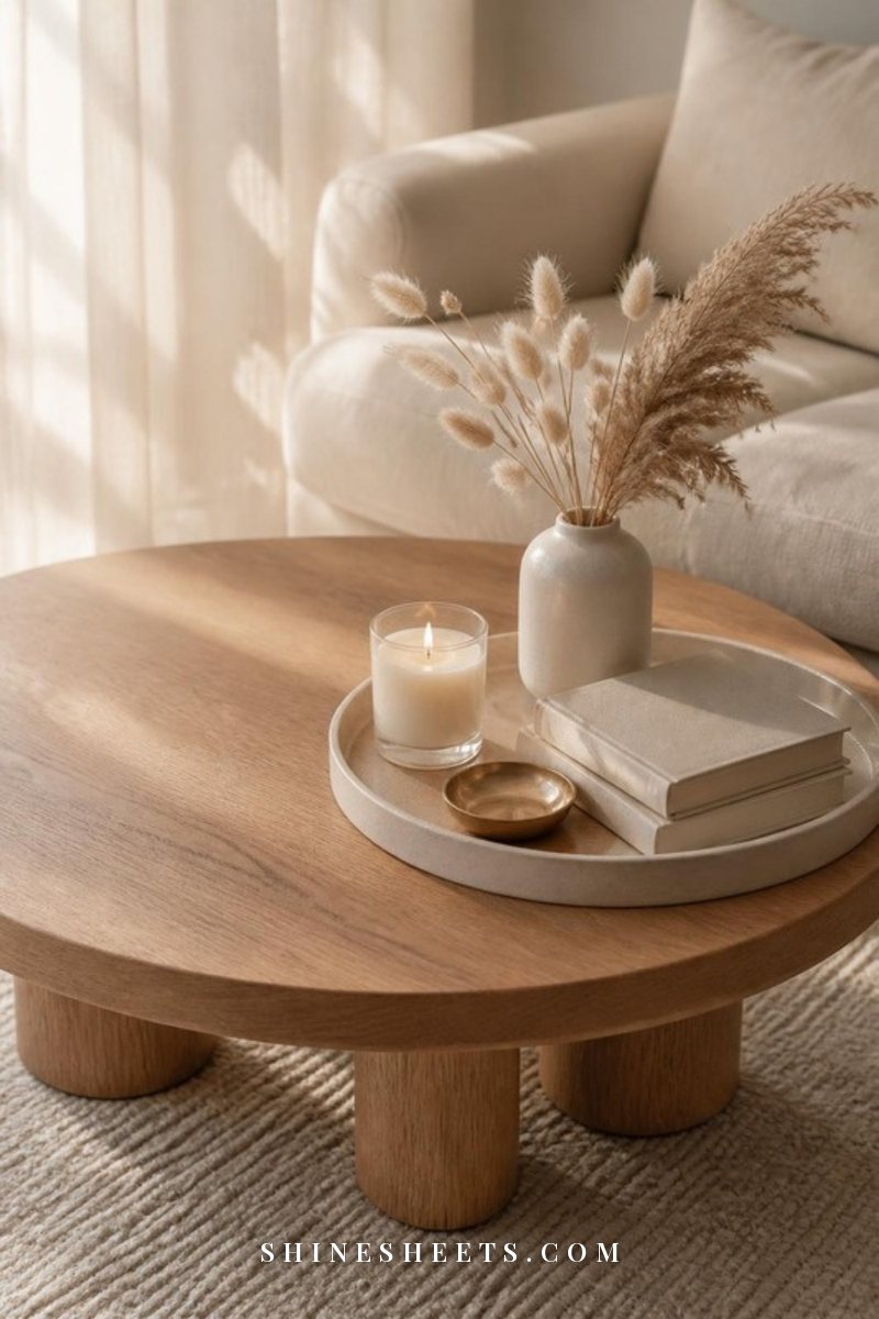 Round wooden coffee table styled with a stack of cream books, a glass candle, a small ceramic vase with dried stems and a cream ceramic tray