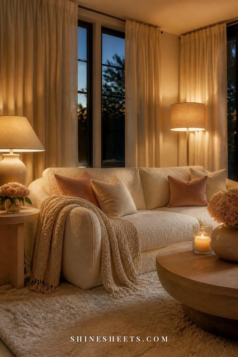 Warm living room with a cream sofa, beige knit throw, glowing table lamps, linen curtains and a soft cream rug at dusk