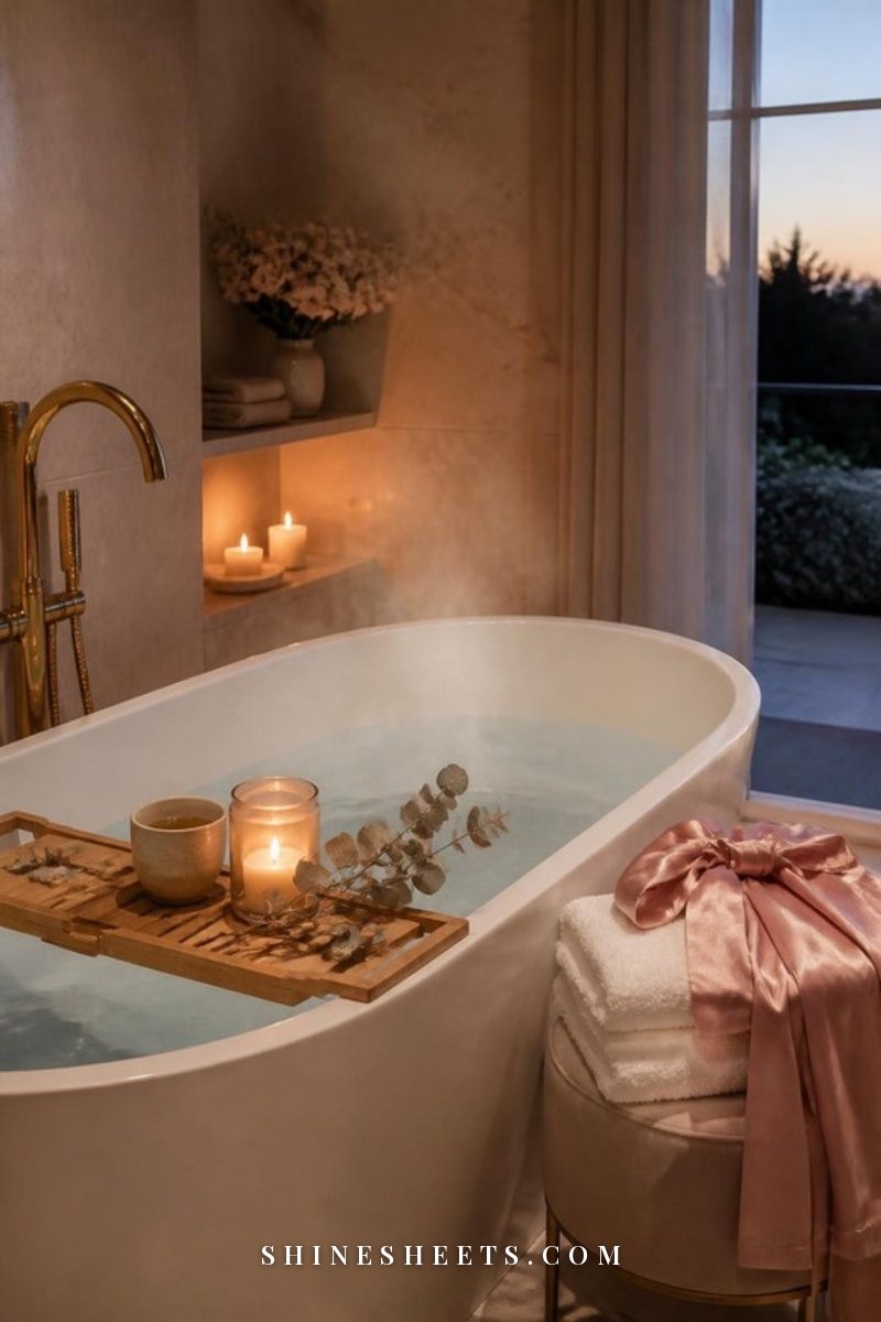 Bathtub with a wooden caddy holding a glass candle, a folded white towel and a cup of tea in soft candlelight