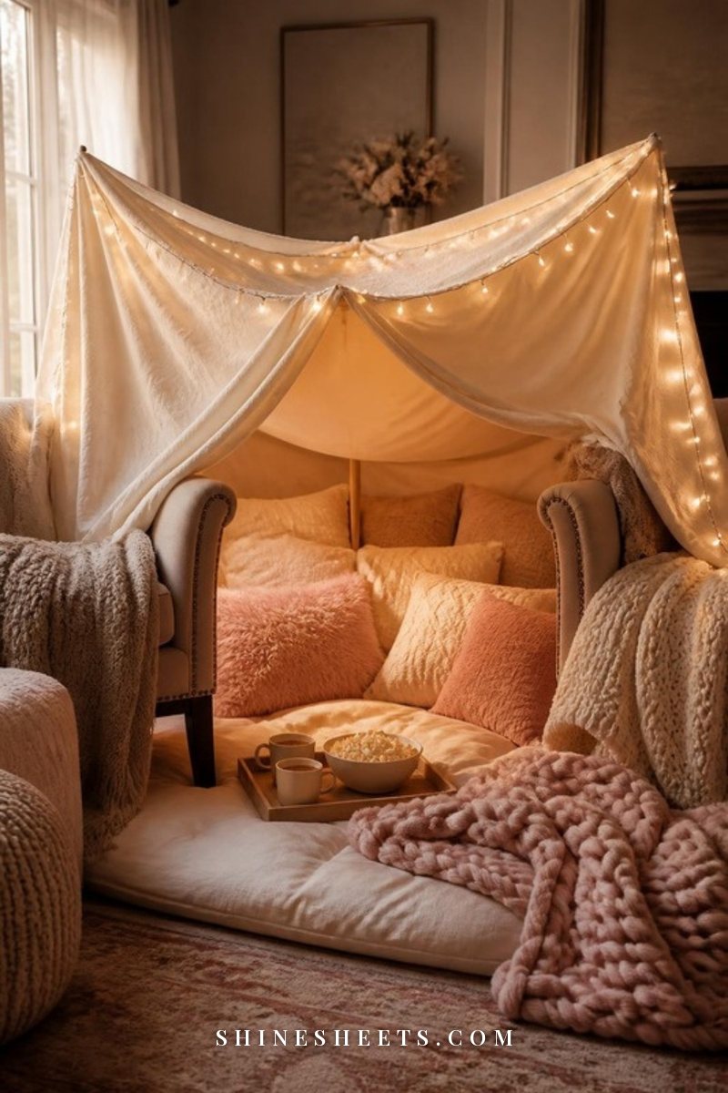 Living room blanket fort made of cream sheets and fairy lights with floor cushions, throws and two mugs inside