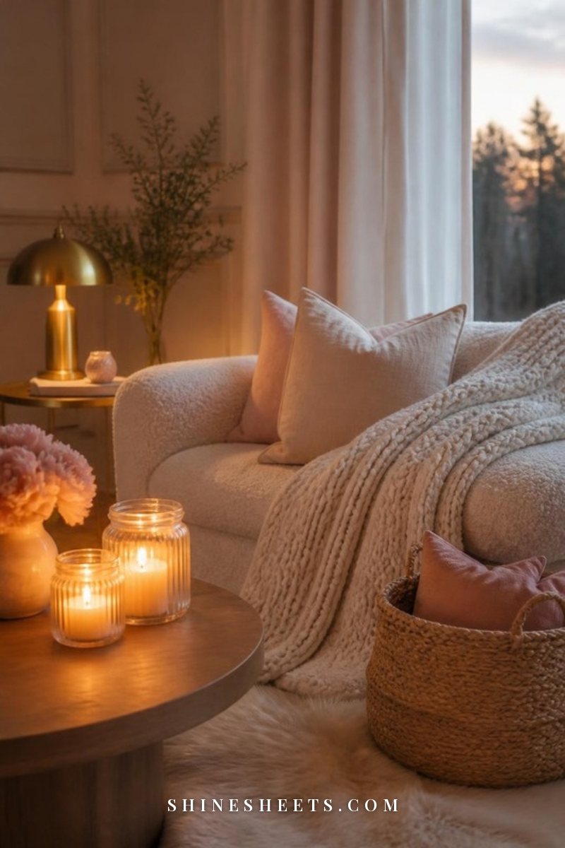 Living room sofa with a cream chunky knit throw, glass jar candles, a woven basket and warm lamp light at dusk