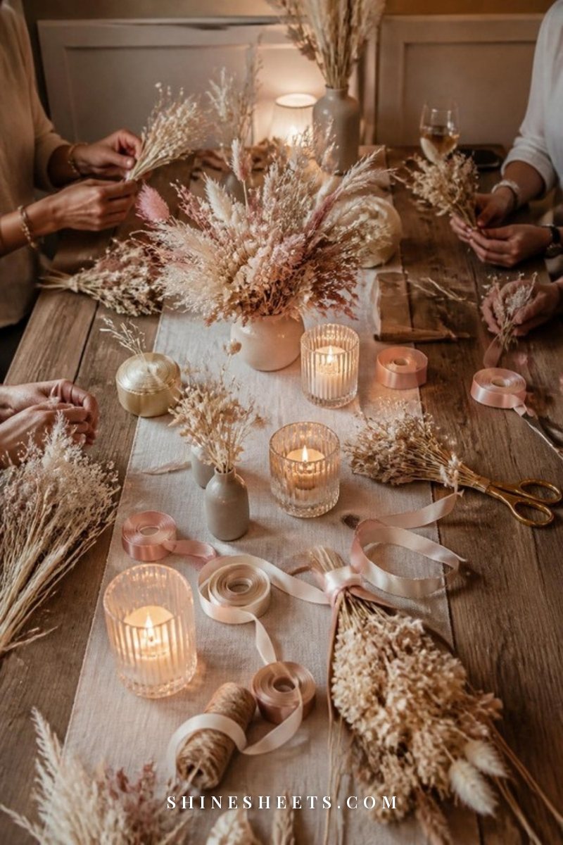 Table set for a craft night with dried flowers, ribbons, small vases, scissors and glass candles in warm light