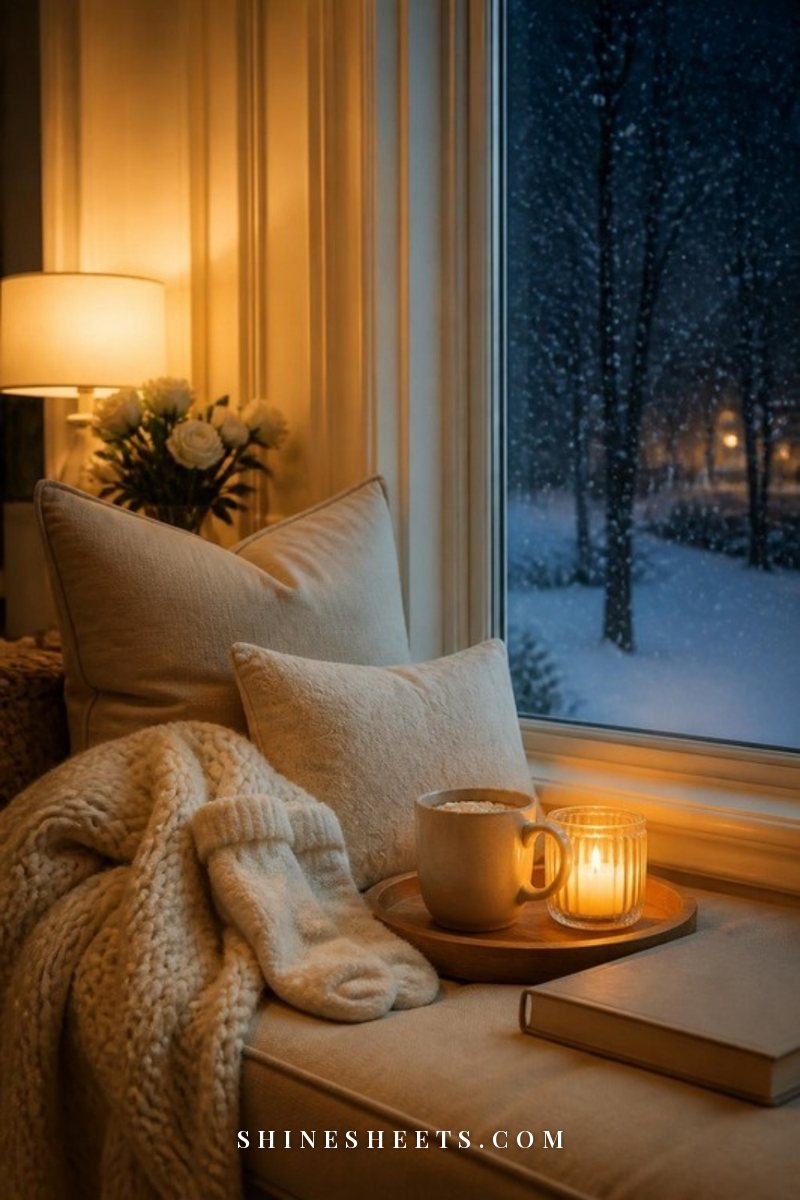 Window seat with a cream throw, a mug of hot chocolate and a glass candle as snow falls outside at night