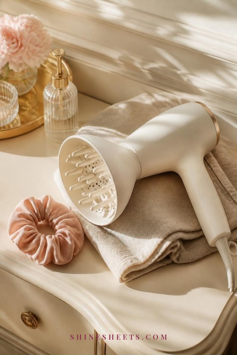 Cream hair dryer with a bowl-shaped diffuser attachment resting on a beige linen towel on a cream vanity in soft daylight