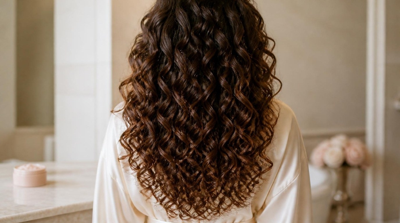 Back view of woman with long defined brown spiral curls in a cream silk robe