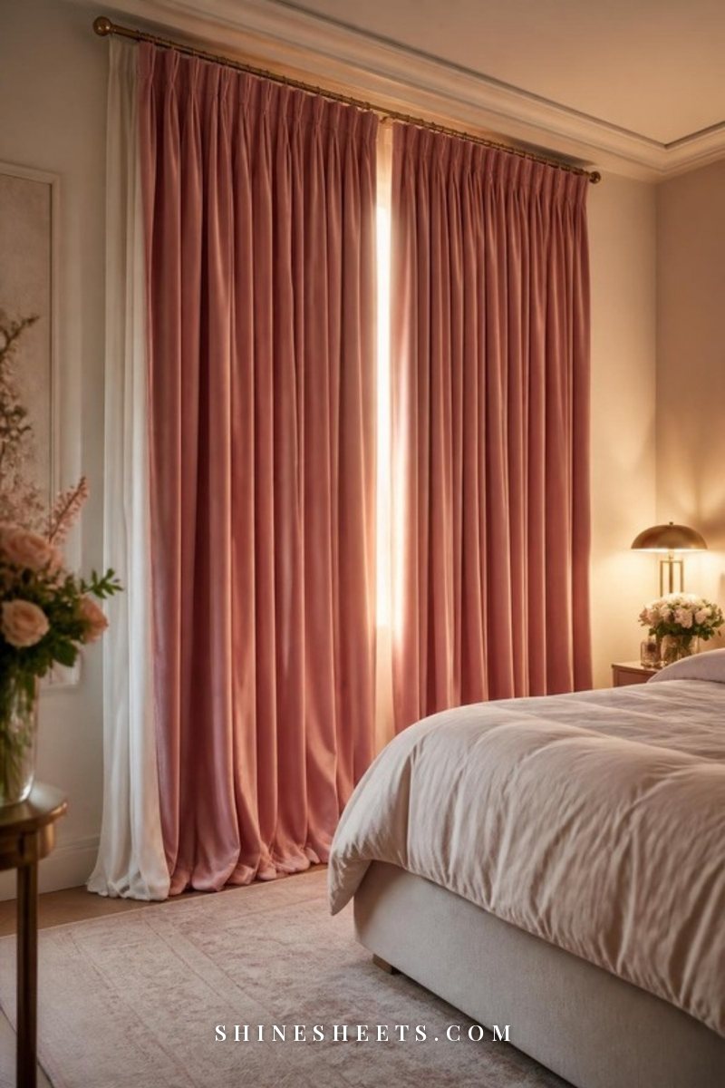 Blush velvet bedroom curtains with a blackout lining puddling softly on the floor beside a cream upholstered bed